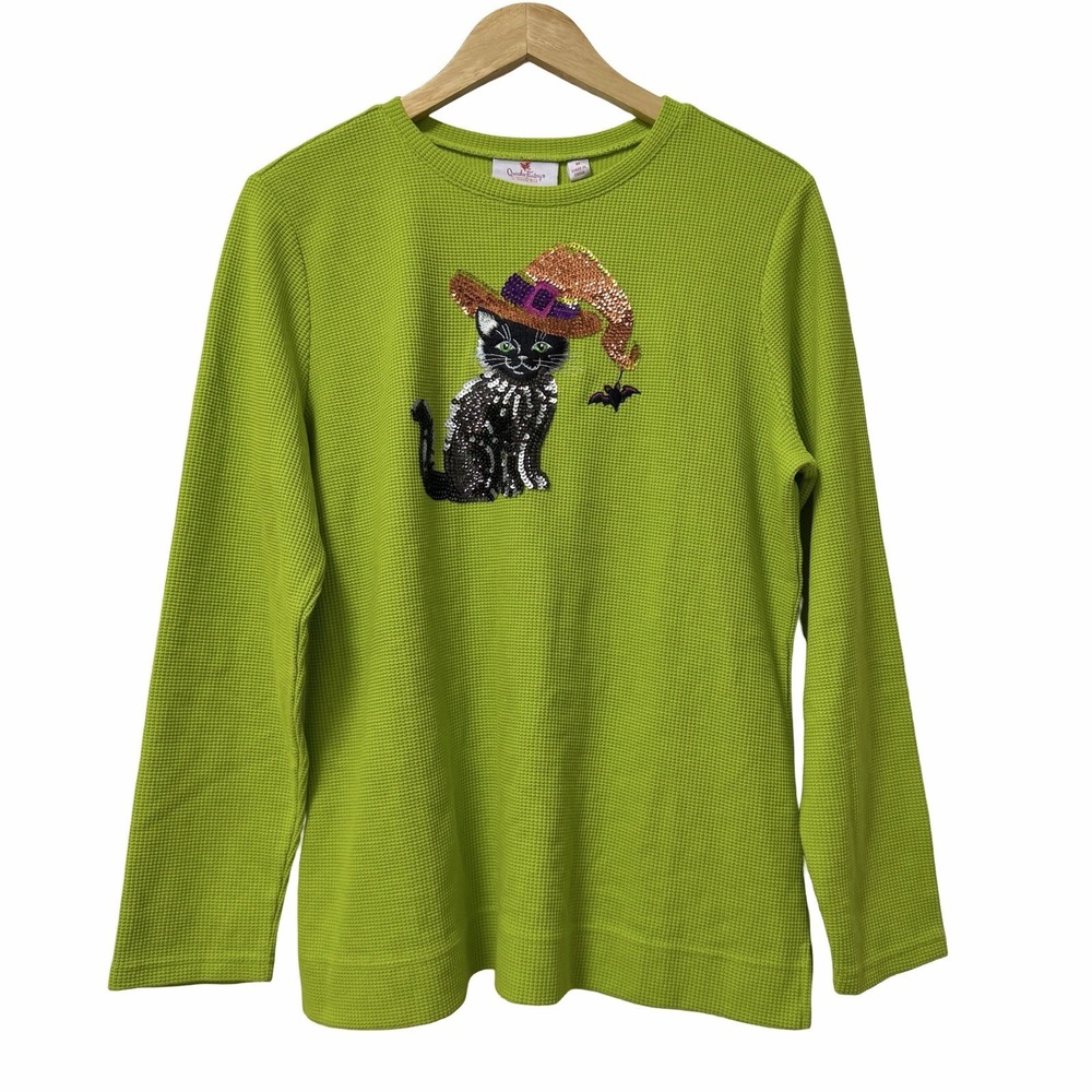 Quacker Factory If the Hat Fits Sequin Cat Waffle Knit Top Size M Lime Halloween
